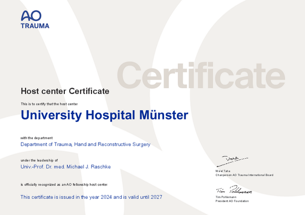 UKM | Unfallchirurgie | Zertifikat als AO fellowship host center | Gültig bis 2027