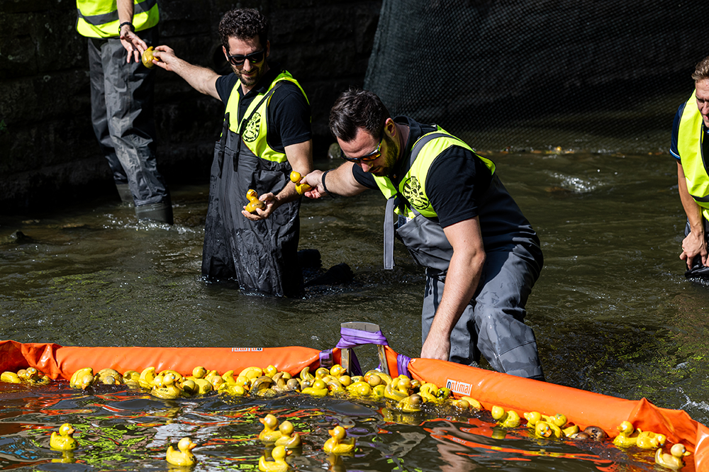 Männer fischen die Gewinnerenten im Zieleinlauf aus dem Wasser
